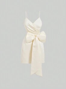 SHEIN MOD Champagne Color Spaghetti Strap Dress With A Big Bowknot Decoration - Champagne - View 1