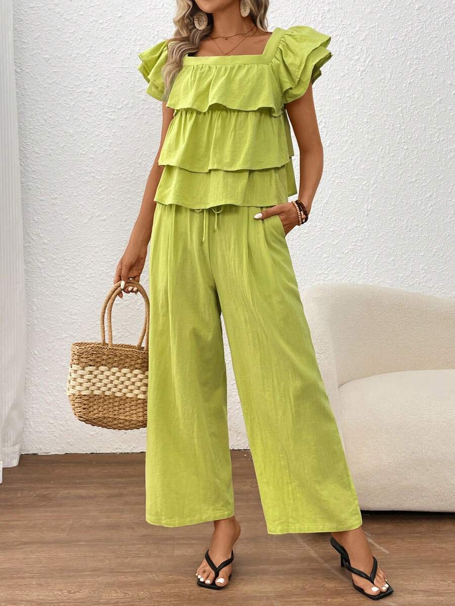 SHEIN Essnce 綠色分層設計休閒假日編織純色方領上衣和直筒褲夏季休閒套裝 - 綠色 - 查看 1