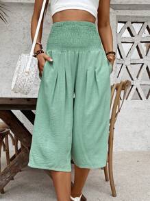 Chiquease Pantalones anchos de cintura alta para mujeres con pliegues plegados y bolsillos sueltos para vacaciones - verde menta - Ver 1