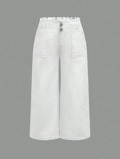 少女向向日葵花邊修邊彈性腰舒適洗水柔軟寬鬆休閒時尚牛仔褲，適用於假期