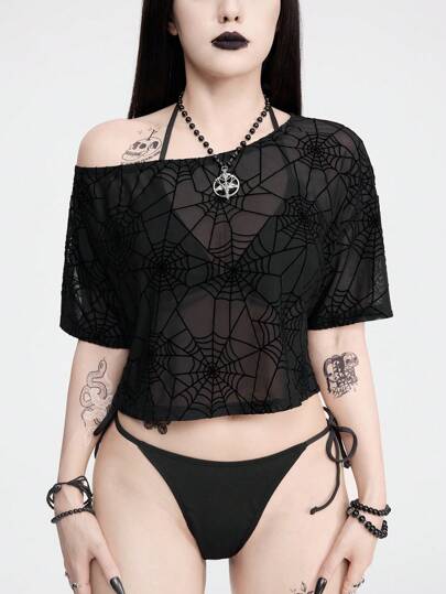 Goth Women's Gothic See-Through Flocked Spider Web Asymmetrical Neck Top