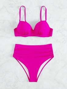 SHEIN Swim Solid Color Ruffled Two-Piece Bikini Set For Beach, Pool And Resort, With PUSH UP And Underwire, Summer Beach - Hot Pink - View 4