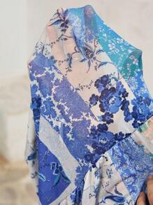 SHEIN VCAY Vacation Style Patchwork V-Neck Women Blouse With Flare Sleeve - Multicolor - View 5