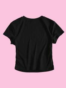 SHEIN EZwear 女士夏季标语印花圆领短袖休闲 T 恤我不矮，我很宽松 - 黑色 - 查看 2