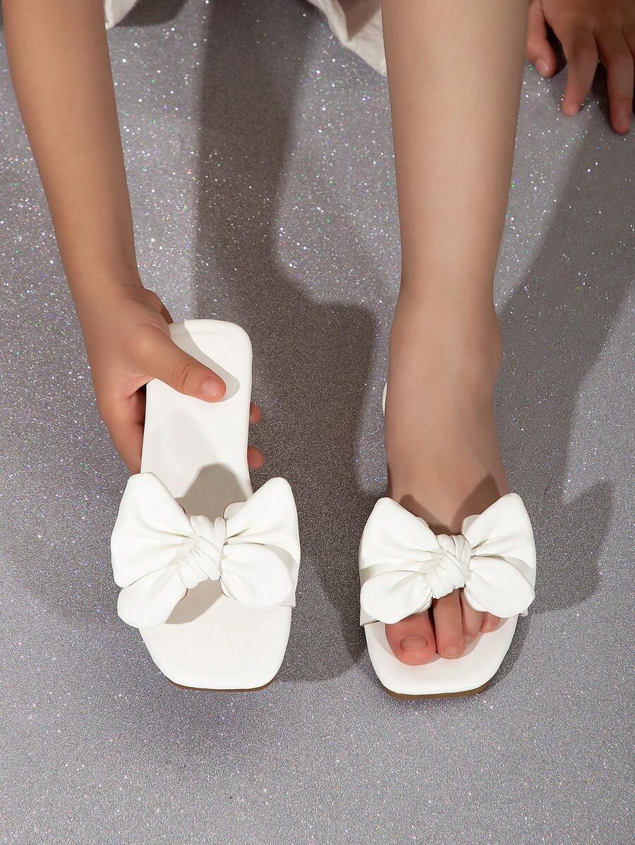 Girl Summer Square Toe Flat Slippers With Bow Decoration - White - View 1