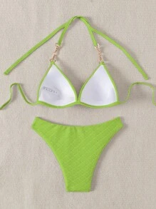 SHEIN Swim Bộ bikini đi biển mùa hè có họa tiết trang trí ngọc trai giả dành cho nữ - màu xanh lá - Xem 2