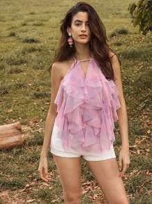 Anewsta Romantic Ruffled Tie Dye Women Tank Top