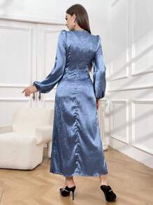 Modelyn Women's Puff Sleeve Twist Front Satin Mini Dress Long Evening Dresses