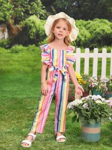 SHEIN 小女童塊狀條紋荷葉邊連身褲 - 彩色 - 查看 6