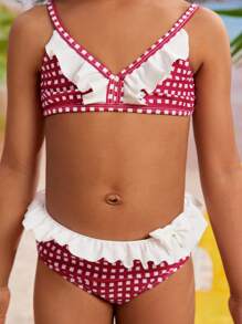Set bikini alla moda con stampa a quadretti per giovani ragazze, con balze e pantaloncini separati, costume da bagno carino stampato per bambini per l estate e la spiaggia