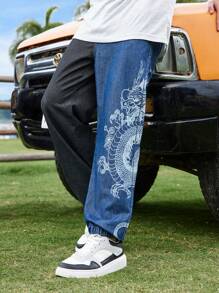 SHEIN Teen Boy Casual Wash Color Contrast Pattern Dragon Print Fashion Street Comfortable Baggy Jeans For Vacation And Dailywear - Multicolor - View 1