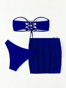 Swim Vcay Solid Color Two Pieces Bikini Set For Vacation, Summer Beach - Royal Blue - View 7