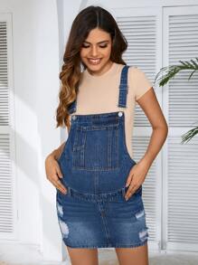 SHEIN Pregnant Women Denim Simple Daily Casual Dress For Maternity - Medium Wash - View 4