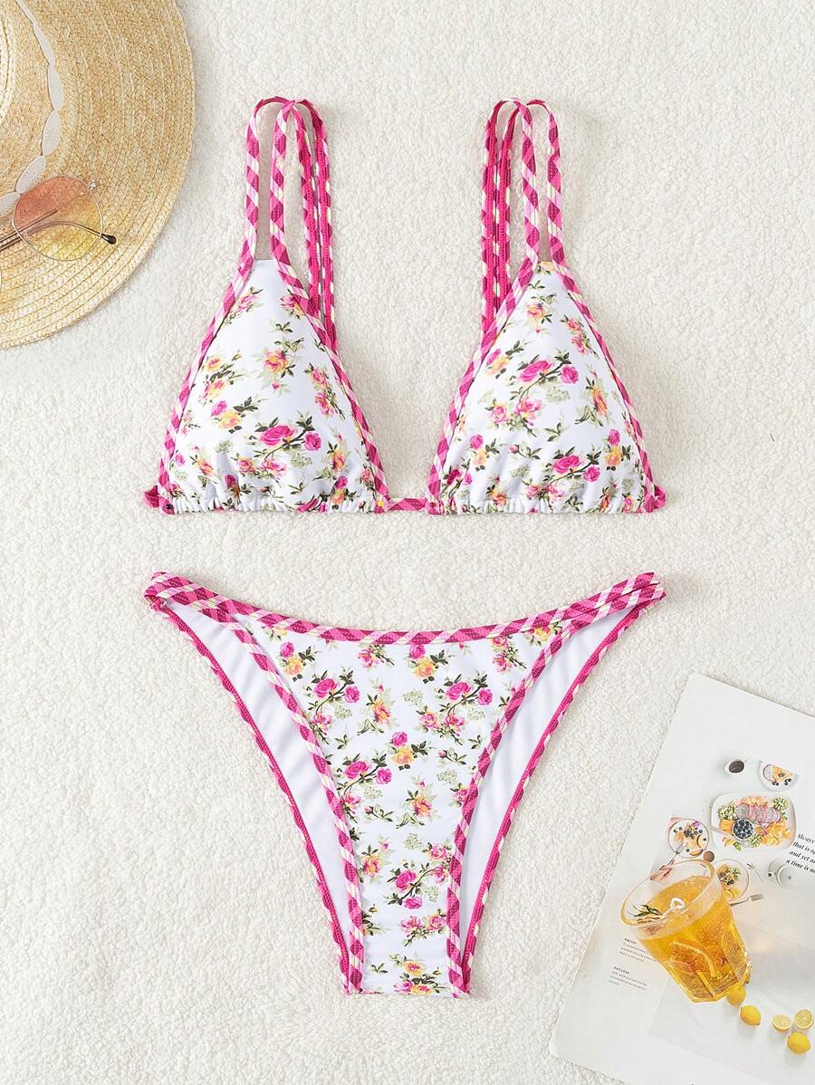 SHEIN Swim 女款度假風格夏季花卉印花細肩帶上衣和比基尼套裝，非常適合在海灘或游泳池旁穿著 - 彩色 - 查看 1