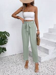 SHEIN Frenchy Damen lange Hose mit einfachem, Einfarbigem Design und Schleifenband für den täglichen Gebrauch - Grün - Übersicht 6