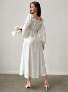 Modelyn 女士时尚方领纯色收腰长袖连衣裙超长款女士装长款晚礼服 - 杏色 - 查看 2