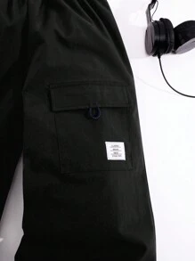 青少年男孩休閒迷彩補丁口袋束腳褲，寬鬆織紋錐形汗褲 - 黑色 - 查看 4