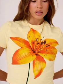 MUSERA 女士夏季印花短袖露脐T恤，立领设计，适合伊比沙岛度假穿着 - 黃色 - 查看 5