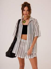 MUSERA Chemise à manches courtes surdimensionnée à rayures texturées, idéale pour les vacances, le printemps et l'été - Noir et Blanc - Voir 1