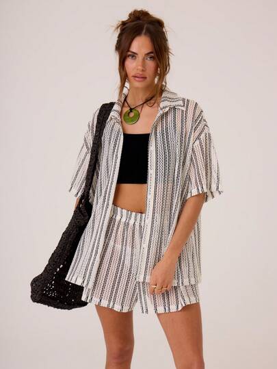 MUSERA Camisa de manga corta oversize con textura de rayas para vacaciones, primavera y verano