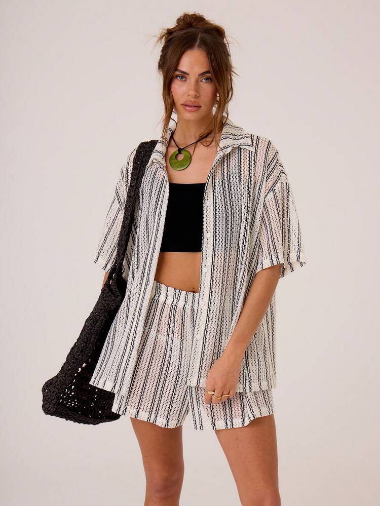 Textured Stripe Oversized Short Sleeve Shirt Vacation Spring Summer Holiday