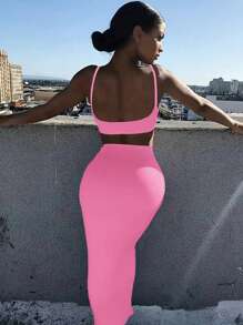 SHEIN Women Sexy Slim Solid Color Camisole Top With Skirt Set For Summer