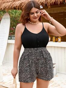 Dreamara Rompers de talla grande para mujer con estampado de leopardo y tirantes empalmados para el verano