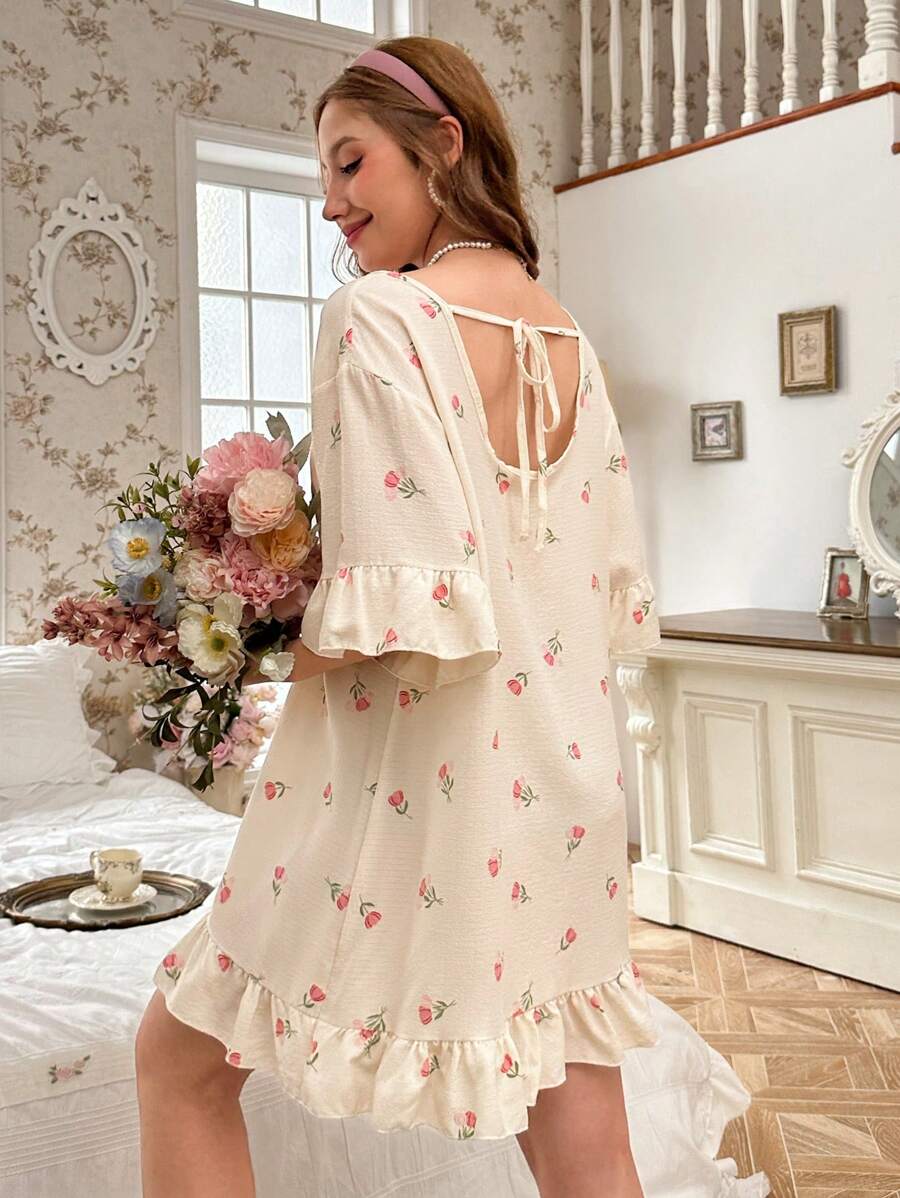 花卉印花荷叶边下摆喇叭袖睡衣睡裙 - 杏色 - 查看 1