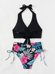 SHEIN Swim Bộ đồ bơi bikini cổ yếm mùa hè và in toàn thân, hoàn hảo để mặc đi biển và hồ bơi - màu đen - Xem 2