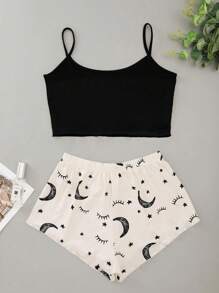 Lettuce Trim Cami Top & Galaxy Print Shorts PJ Set / Pajama Set - Multicolor - View 2