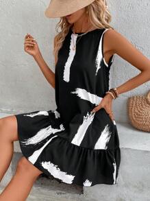 SHEIN Frenchy Women's Backless Round Neck Striped Printed Ruffle Hem Sleeveless Summer  Stripe Old Money Style   Dress  Date Night Dress Work Women Dresses,Sun Dress Black - Black - View 6