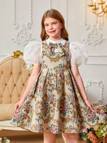 SHEIN Tween Girl Casual Stand Collar Puff Sleeve T-Shirt Dress 2pcs/Set - White - View 4