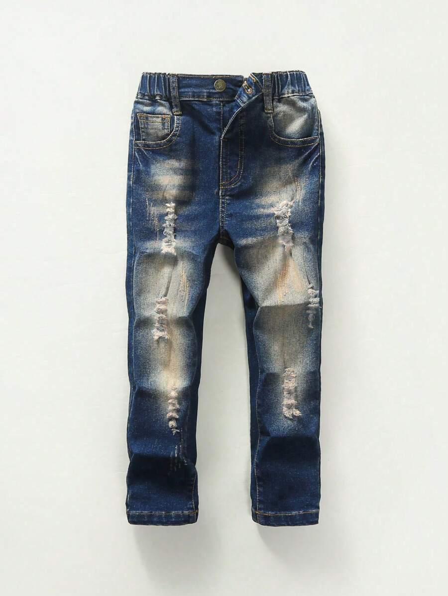 SHEIN Young Boy Ripped Straight Leg Jeans - Dark Wash - View 1
