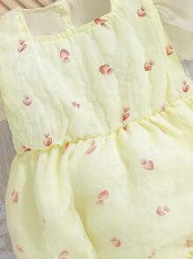 夏季寶寶女孩甜心印花泡泡袖連體衣 - 黃色 - 查看 6