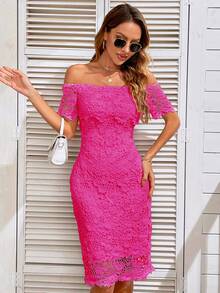 Eilly Bazar Women's Solid Color Off-Shoulder Lace Short Sleeve Dress - Hot Pink - View 6
