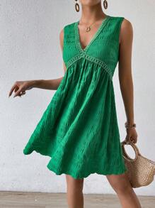 SHEIN Clasi Váy không tay có họa tiết ren màu trơn thường ngày mùa hè - màu xanh lá - Xem 6