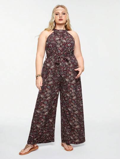 Plus Size Hippie Paisley Print Tie Waist Jumpsuit