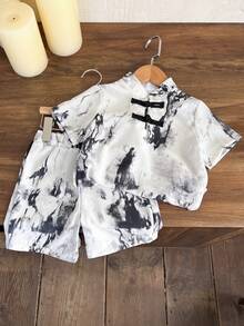 Young Boy 2pcs/Set Short Sleeve Stand Collar Ink Painting Hanfu Top With Buckle And Shorts, Suitable For Street Wear, School, And Outdoor Activities - Black - View 6