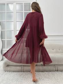 Women Solid Color Lace Patchwork Backless Halter Neck Nightgown With Ruffle Hem Robe Sleepwear Set Pajama Set