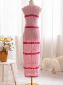 Soleia Color Block Striped Hollow Out Knitted Sleeveless Sweater Dress For Vacation