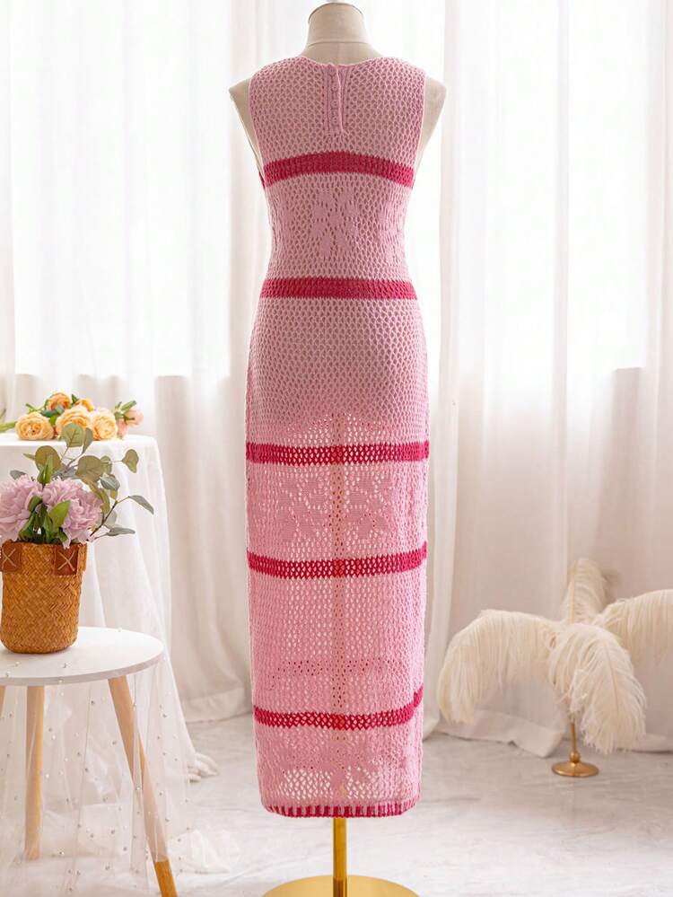 Color Block Striped Hollow Out Knitted Sleeveless Sweater Dress For Vacation