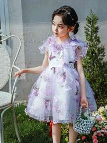 Young Girls Birthday Wedding Party Gorgeous Princess Dress With Butterfly Pattern & Strapless Pink Long Skirt Dress - White - View 1