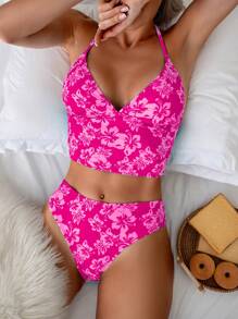 Swim Mod Set de Haut Tankini Dos-nu Imprimé Floral Aléatoire Et Short De Bain Pour Femmes Vacances Plage été
