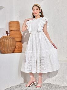 Vestido casual blanco tejido con capas, mangas de volantes bordados para adolescente - Blanco - Ver 6