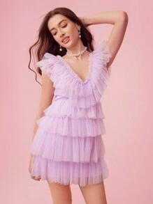Enchnt Vestido sin espalda dulce de verano para mujer con tiras cruzadas y mallas de capas múltiples unicolor - Púrpura malva - Ver 7