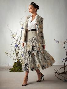 Frida Kahlo X SHEIN X Designer KATHARSIS Printed Skirt With Pleats, Featuring Figures And Flowers - Multicolor - View 7