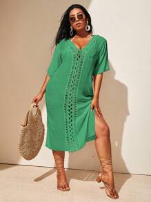 Swim Lushoire Summer Beach Plus Size Hollow-Out Beach Cover Up Dress, Vacation - Green - View 1