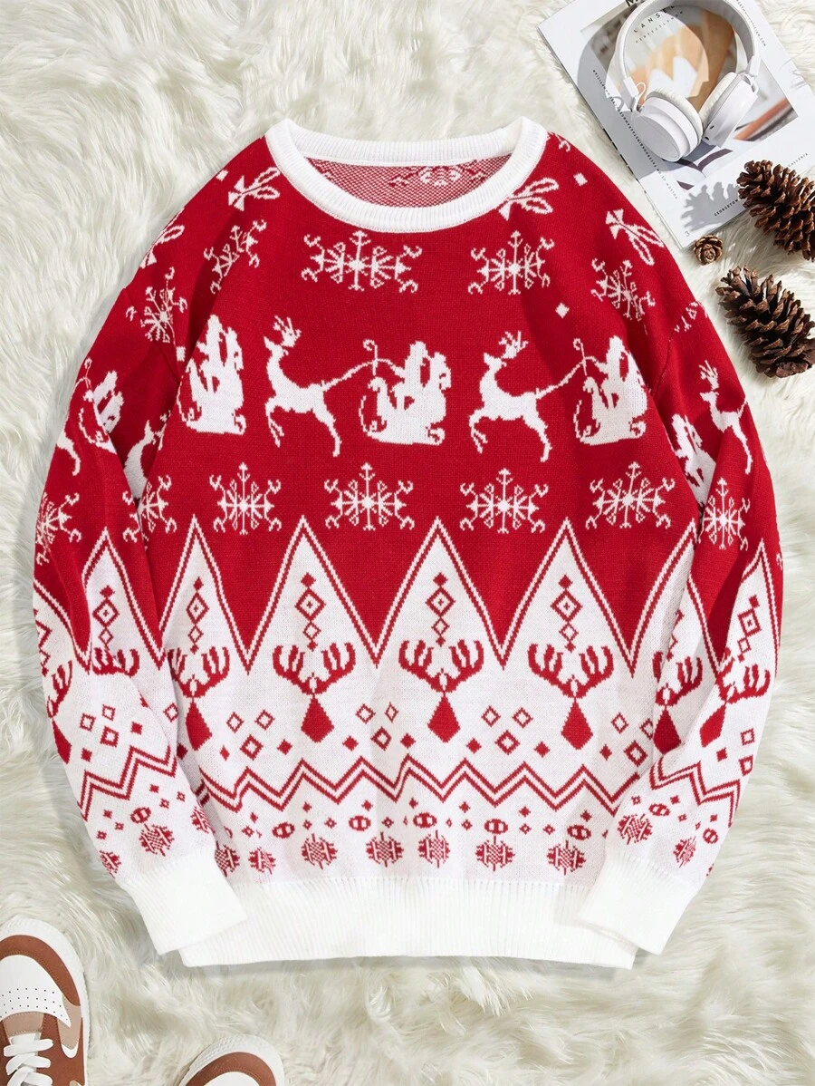 RueChic Men Christmas Style Snowflake And Reindeer Pattern Knitted Sweater With Jacquard Design - Red - View 1