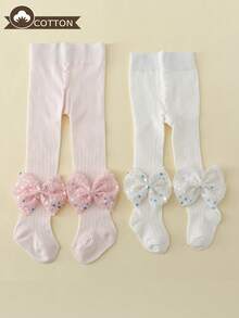 2 Cái/gói Quần bó cơ bản có nơ lấp lánh cho bé gái, thích hợp để mặc hàng ngày quanh năm - Nhiều màu - Xem 5