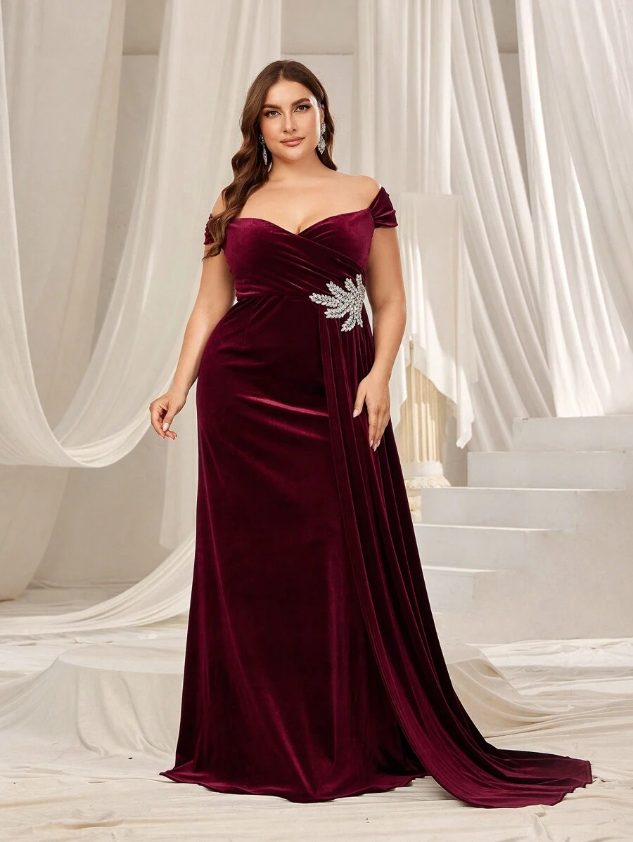 Faeriesty Curve Elegant Plus-Size Off-The-Shoulder Mermaid Formal Evening Gown With Deep V-Neck And Waist Embellishment For Black-Tie Events, Galas, Wedding Receptions, Formal Banquets, And Award Ceremonies. - Burgundy - View 1